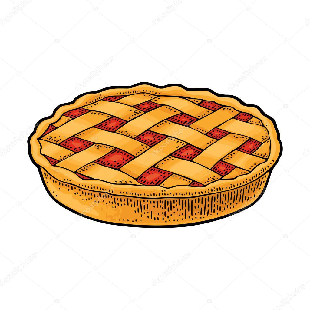Whole homemade fruit pie. Vector black vintage engraving illustration for poster, label and menu bakery shop. Isolated on the white background. Hand drawn design element
