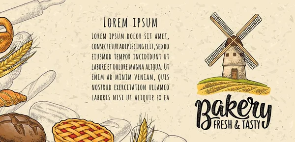 Poster Horisontal Dengan Produk Roti Dan Kincir Angin Warna Vektor - Stok Vektor