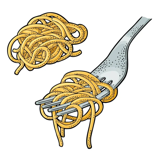 Špagety Vidličku Ročník Vektorové Gravírování Barevné Ilustrace Izolované Bílém Pozadí — Stockový vektor
