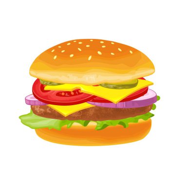 Hamburger eti, marul, peynir, soğan ve domates ile. Poster, menü, web, afiş, simge vektör düz stil çizim. Beyaz arka plan üzerinde izole.