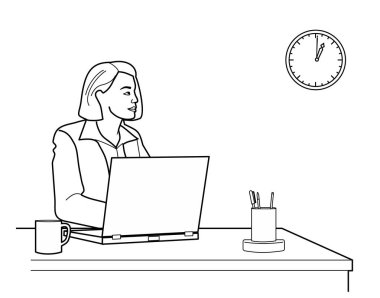 Düşünme ve bir dizüstü bilgisayar ile bir Danışma ofiste bakarak kadın. Beyaz arka plan üzerinde izole siyah vektör çizim