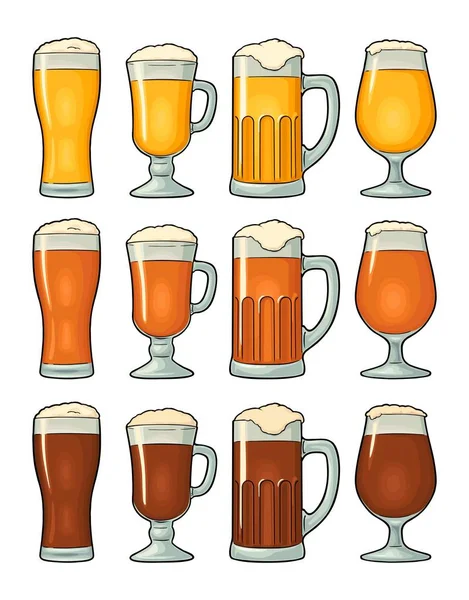 四种不同的眼镜 三种啤酒 红色和波特 复古颜色向量例证 在白色背景下隔离 用于标签和海报的手绘设计元素 — 图库矢量图片