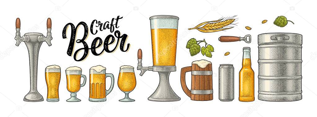 Beer set with mug, tap, glass, can, tower, bottle, keg, hop with leaf, ear of wheat. Vintage black vector engraving illustration isolated on white background. For labels, packaging, poster