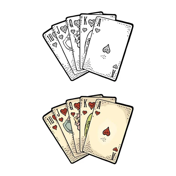 Royal Flush Corações Jogar Poker Cartas Cor Vetor Gravura Monocromática — Vetor de Stock