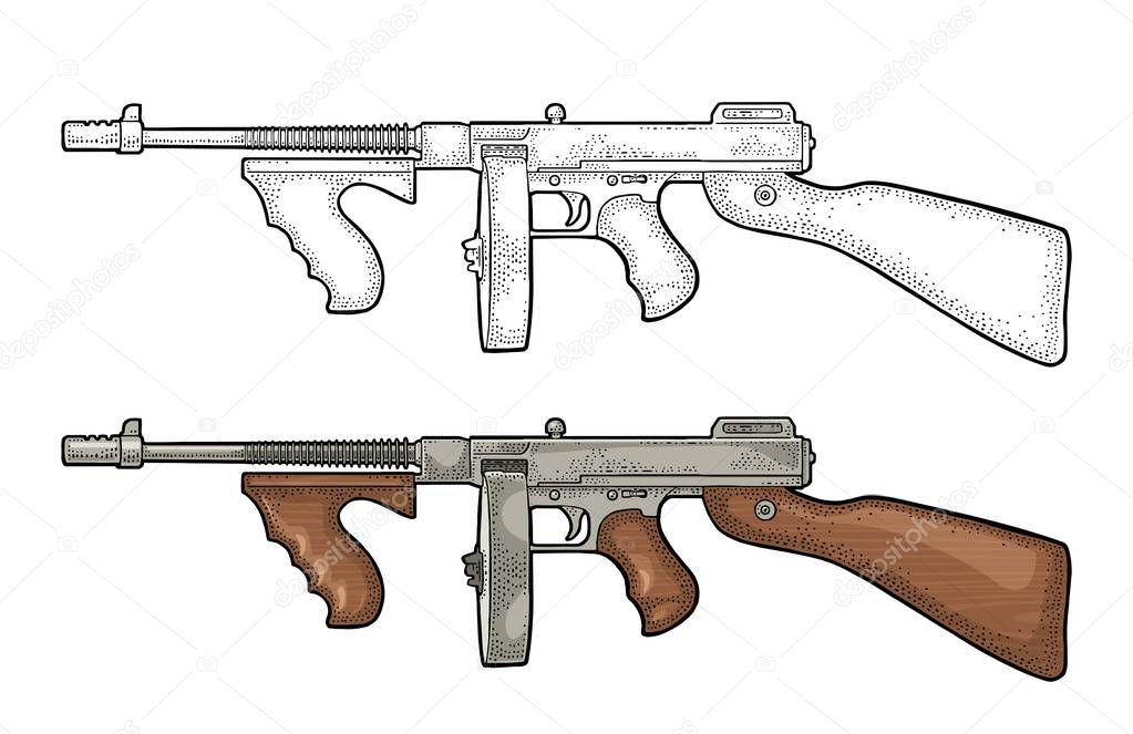 Gangsters automatic weapon Tommy gun. Engraving vintage vector color and monochrome illustration. Isolated on white background. Hand drawn design element for label and poster