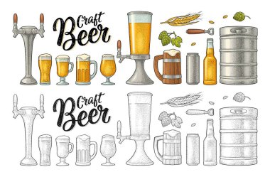 Bira seti ahşap bardak, tap, bardak, hop, şişe. İşleme