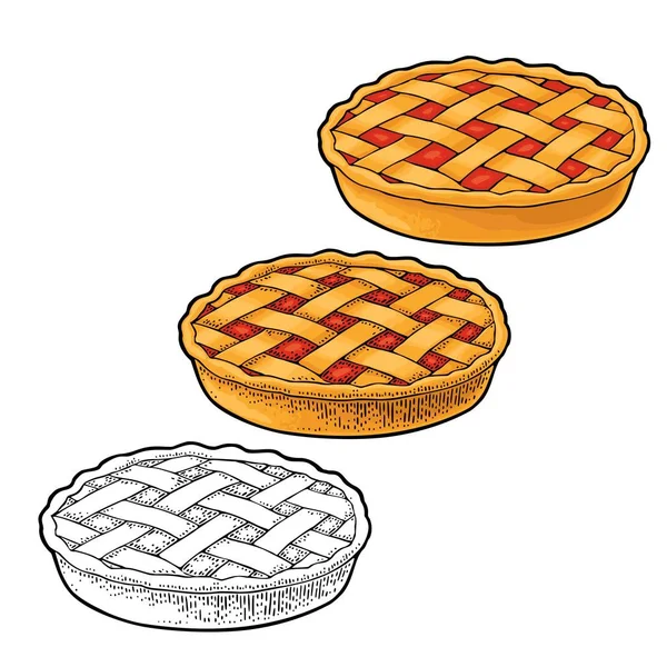 Ganzen Hausgemachten Obstkuchen Vektorfarbe Und Einfarbige Vintage Gravur Illustration Für — Stockvektor