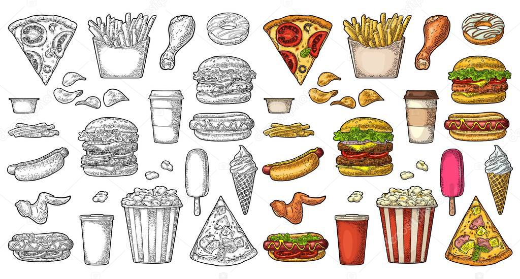 Set fast food. Cup cola, coffee, hamburger, pizza, hotdog, fry potato, carton bucket popcorn, ketchup, donut, ice cream, popsicle, chips. Vector vintage color engraving illustration isolated on white