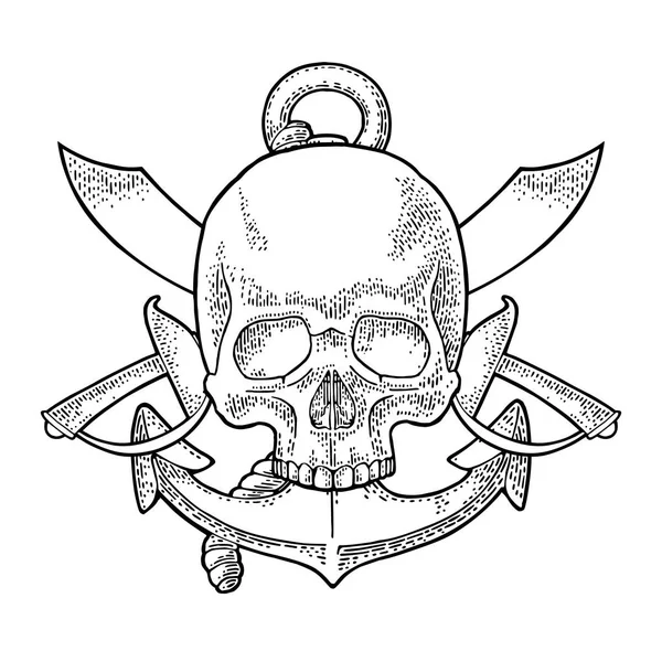 Skull, crossed pirate sabers and anchor. Engraving isolated on white — Stock Vector