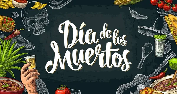 Dia de los Muertos lettering e comida tradicional mexicana —  Vetores de Stock