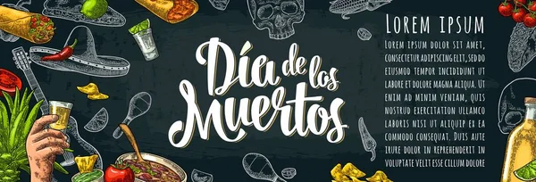 Dia de los Muertos napis i tradycyjne potrawy kuchni meksykańskiej — Wektor stockowy