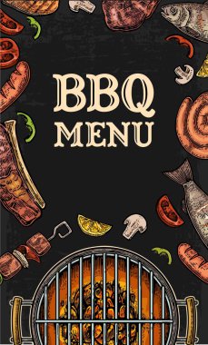 Barbekü Izgara üstten görünüm ile kömür, mantar, domates, biber, sosis, limon, Balık ve sığır eti biftek. Gıda Restoran Menü şablonu