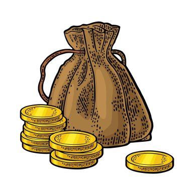 Altın paralar eski para çanta. Vintage renk vektör oyma