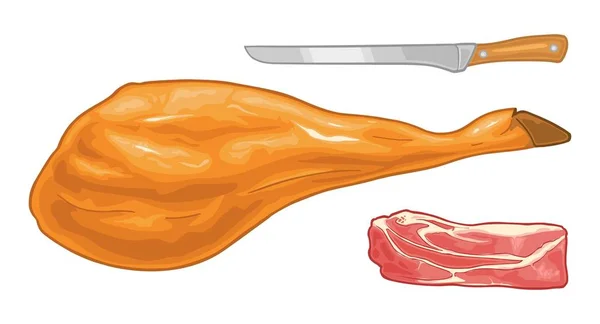 Jamon Slice Dan Seluruh Kaki Babi Ilustrasi Warna Vektor Untuk - Stok Vektor