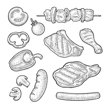 Set et ve sebze Barbekü. mantar, domates, biber, soğan, kebap, sucuk, tavuk budu, sığır eti biftek. Vintage siyah vektör oyma çizim. Beyaz arka plan üzerinde izole. Üstten görünüm.