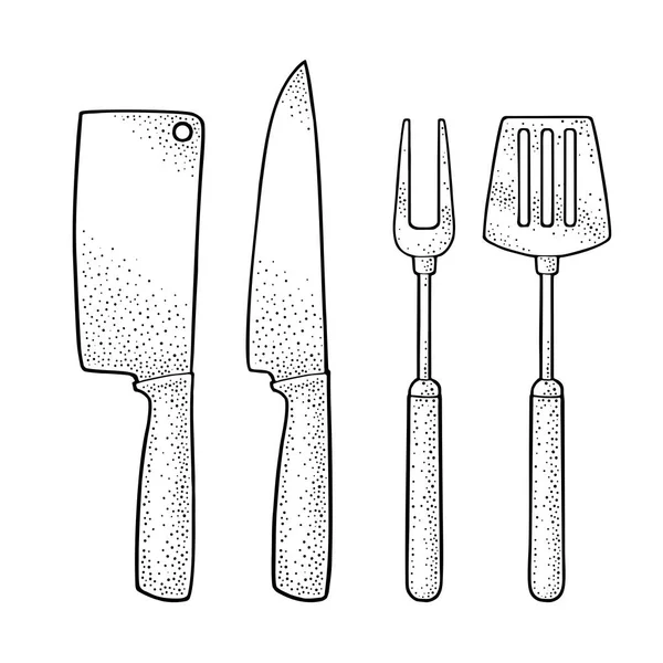 Set Bbq Utensils Spatula Fork Knifes Vector Black Vintage Engraving — Stock Vector