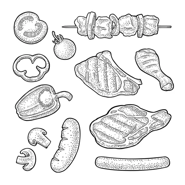 Meghatározott Hús Zöldség Grill Gomba Paradicsom Paprika Hagyma Kebab Kolbász — Stock Vector