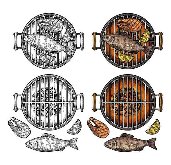 Barbecue Grill Top View Charcoal Fish Steak Lemon Vintage Color — Stock Vector