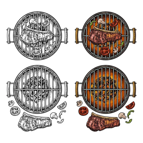 Barbecue Grill Vue Sur Dessus Avec Charbon Bois Champignon Tomate — Image vectorielle