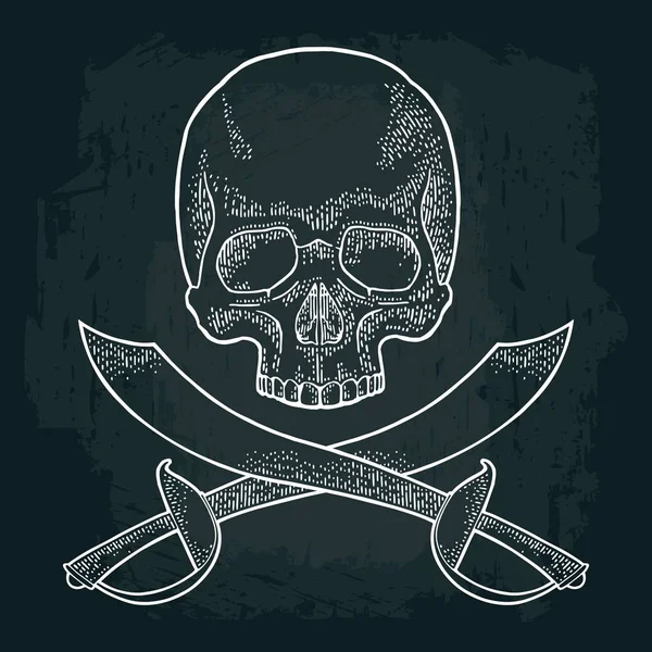 頭蓋骨と交差した海賊サーベル ビンテージ ベクトル白い彫刻イラスト 黒の背景上に分離 ポスター ラベル タトゥーの手描きデザイン要素 — ストックベクタ