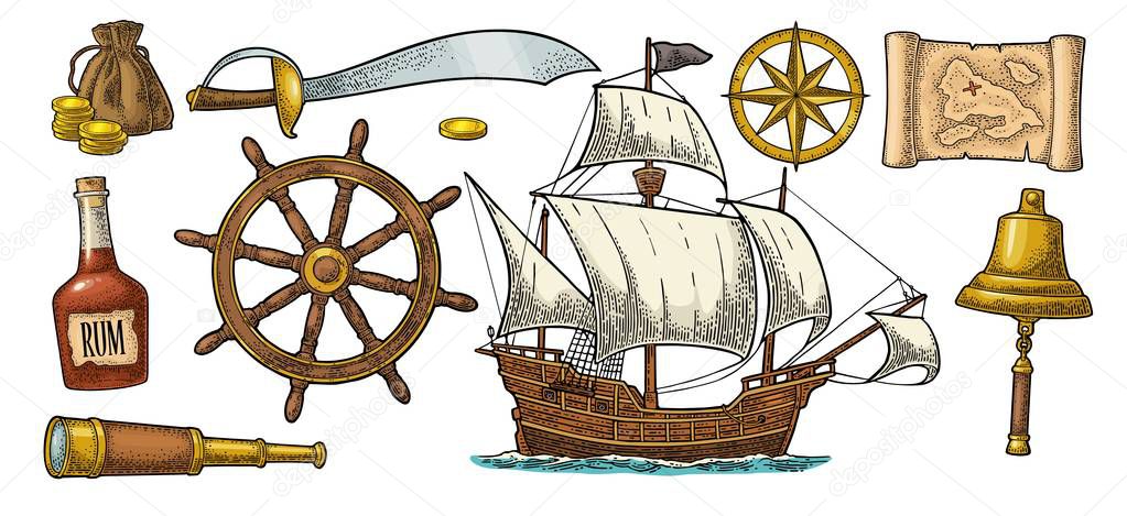 Set pirate adventure. Rum bottle, wheel, money bag, coins, skull, saber, caravel, compass rose, spyglass, bell isolated on white background. Vector color vintage engraving
