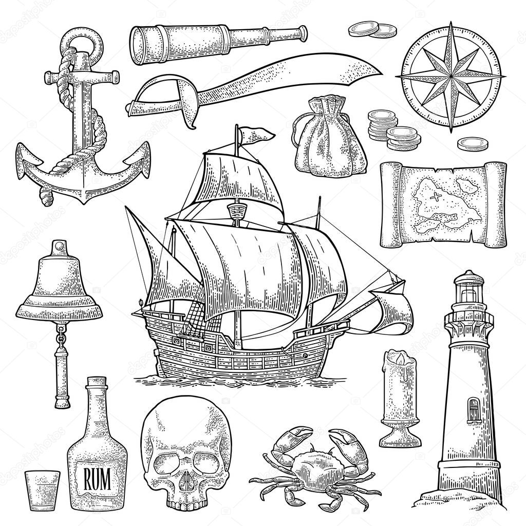 Set pirate adventure. Anchor, rum bottle, wheel, money bag, coins, skull, saber, crab, caravel, compass rose, spyglass, bell, lighthouse isolated on white background. Vector color vintage engraving
