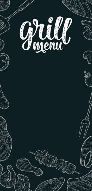 Şablon restoran veya Kafe Barbekü menüsü. Izgara kaligrafi el yazısı yazı. Karides, domates, biber, kebap, sucuk, tavuk budu, biftek. Beyaz vektör vintage illüstrasyon koyu üzerinde oyma beyaz