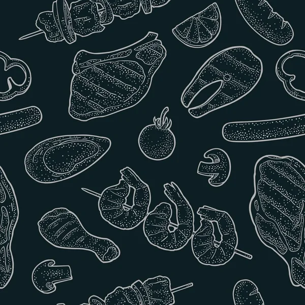 Barbecue Sans Couture Avec Viande Poisson Légumes Champignon Huître Crevettes — Image vectorielle