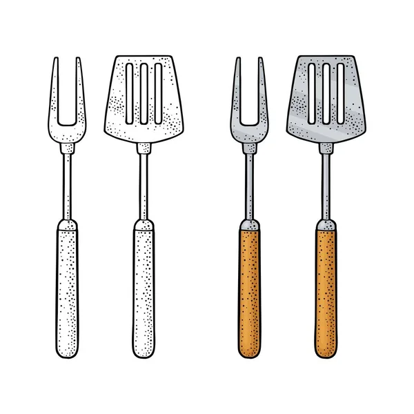 Set Utensilios Barbacoa Espátula Tenedor Color Vectorial Grabado Vintage Negro — Vector de stock