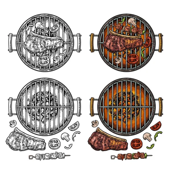 Barbecue Grill Widok Góry Stek Węgiel Drzewny Kebab Grzyb Pomidor — Wektor stockowy