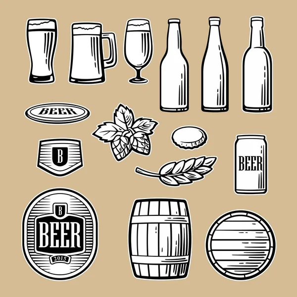 Conjunto Iconos Planos Vector Cerveza Botella Vidrio Barril Pinta Barle — Archivo Imágenes Vectoriales