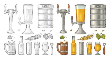 Bira kupa, dokunun, cam, can, kule, şişe, fıçı, hop yaprak, kulak buğday ile ayarlayın. Vintage renk vektör illüstrasyon izole beyaz zemin üzerine oyma. Etiketleri, ambalaj, afiş için