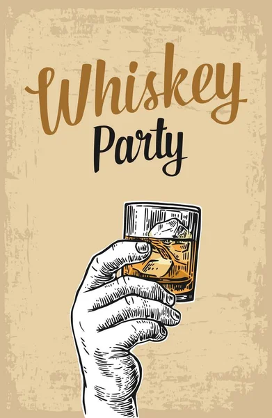 男手拿着一杯威士忌和冰多维数据集 复古矢量版画插图标签 聚会的邀请 — 图库矢量图片
