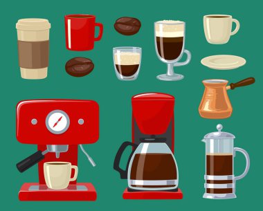 Vektör kahve düz simgesi izole ayarla. Yapıcı, almak uzakta, kahve makinesi, cezve veya Türk, cezve, Fransız basın, fasulye, uçan daire, Kupası. Web, poster, menü, kafe