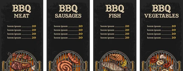 Menusjabloon Barbecue Grill Bovenaanzicht Met Houtskool Letters Tekst Bbq Vis — Stockvector