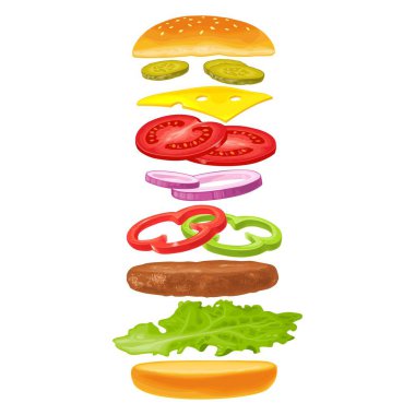 Malzemeler uçan ile Burger dahil topuz, domates, salata, peynir, soğan, salatalık. Vektör renk düz illüstrasyon izole beyaz arka plan üzerinde. Dikey poster, menü, banner, simge için