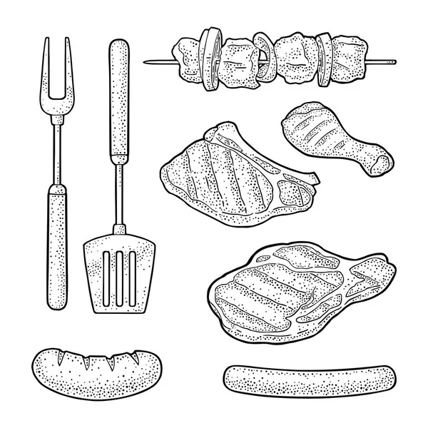 Barbecue Grill Set Met Kebab Kip Been Worst Biefstuk Vintage — Stockvector