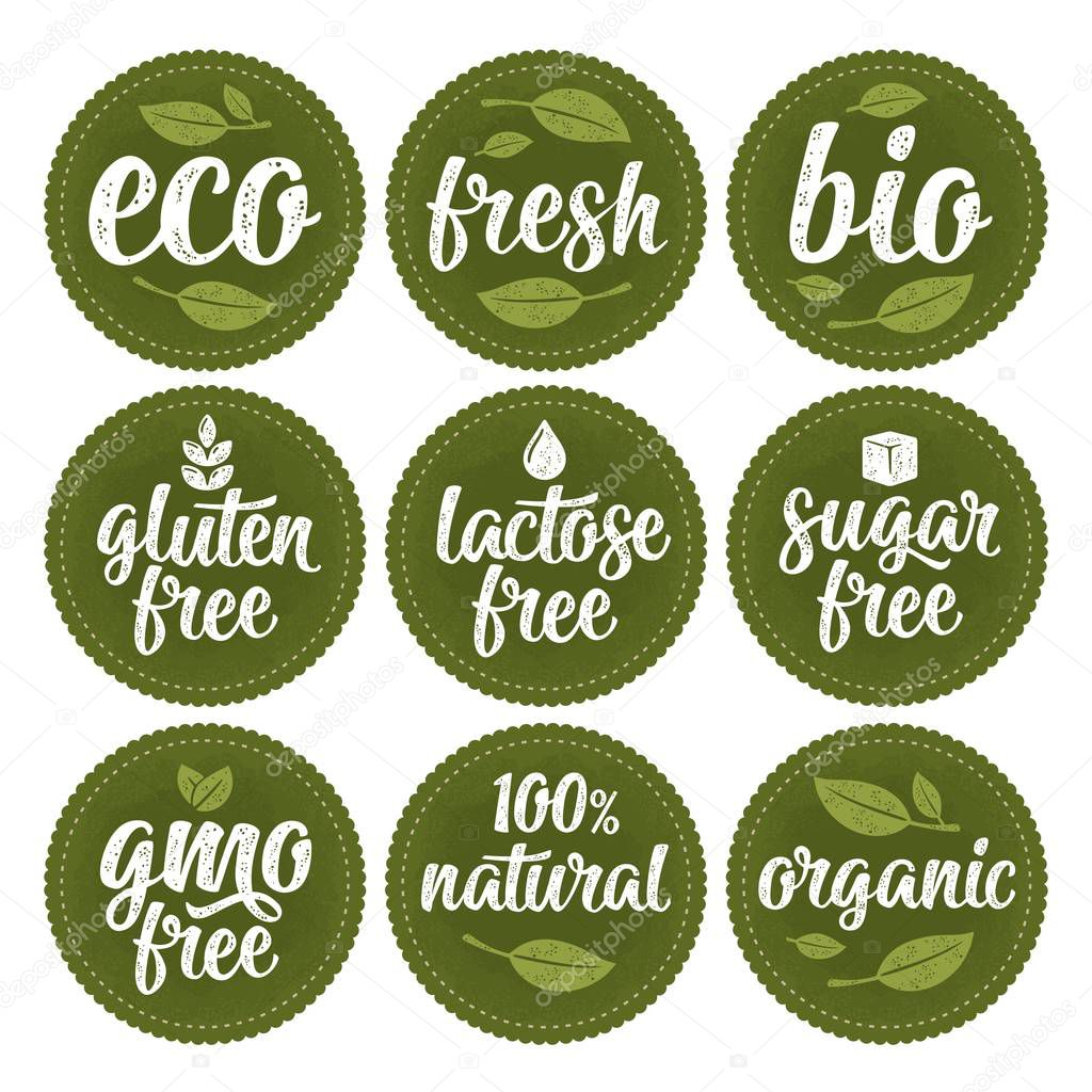 Gluten, lactose, sugar, Gmo free, bio, eco, fresh calligraphic handwriting lettering with leaf, cube, drop. Vector white vintage illustration on green circle sticker. Sign 100 percent organic food