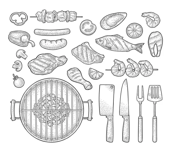 Parrilla Barbacoa Con Kebab Salchicha Pata Pollo Filete Pescado Ostra — Archivo Imágenes Vectoriales