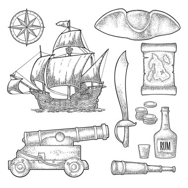 Korsan macerası kur. Vektör renk vintage oymacılığı