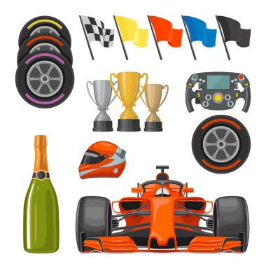Yarış düz Icons set. Kask, şampanya, Kupası, bayrak