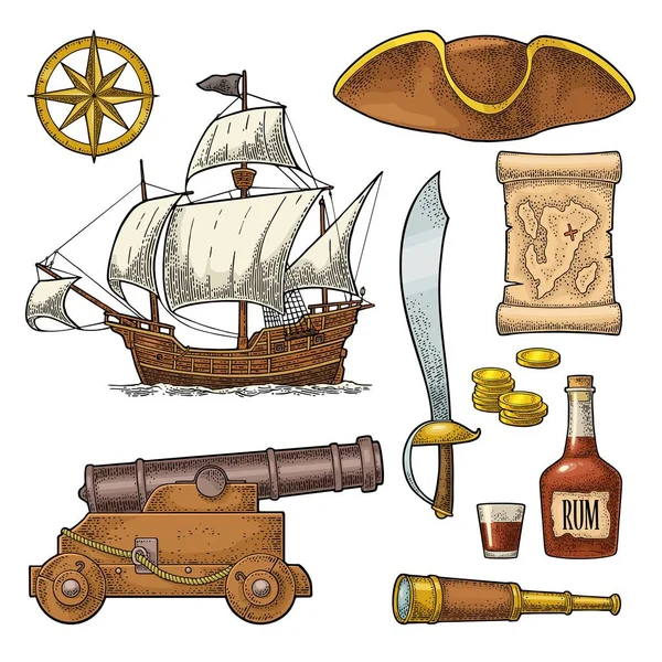 Establecer aventura pirata. Color vectorial grabado vintage — Archivo Imágenes Vectoriales