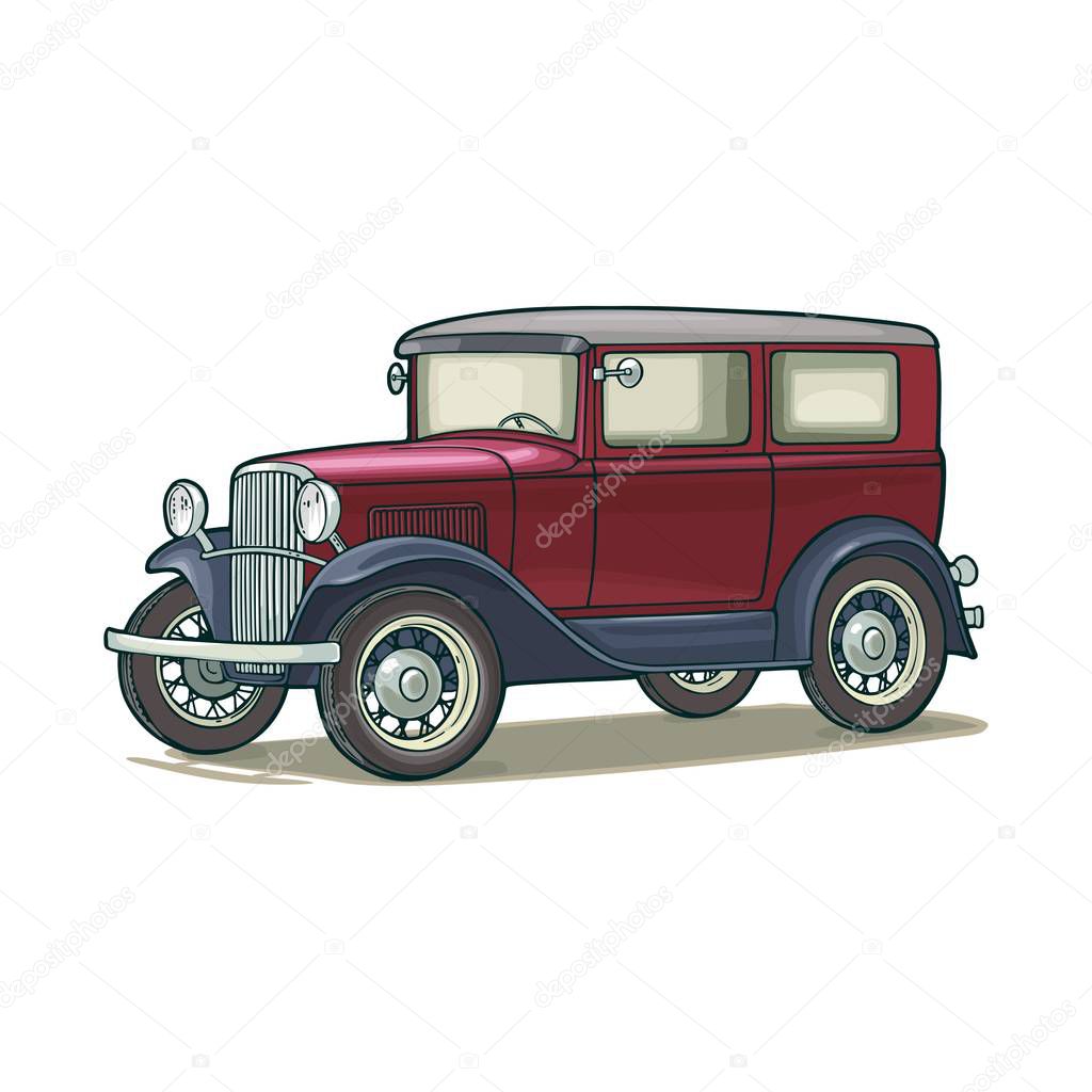 Retro car sedan. Side view. Vintage color flat illustration