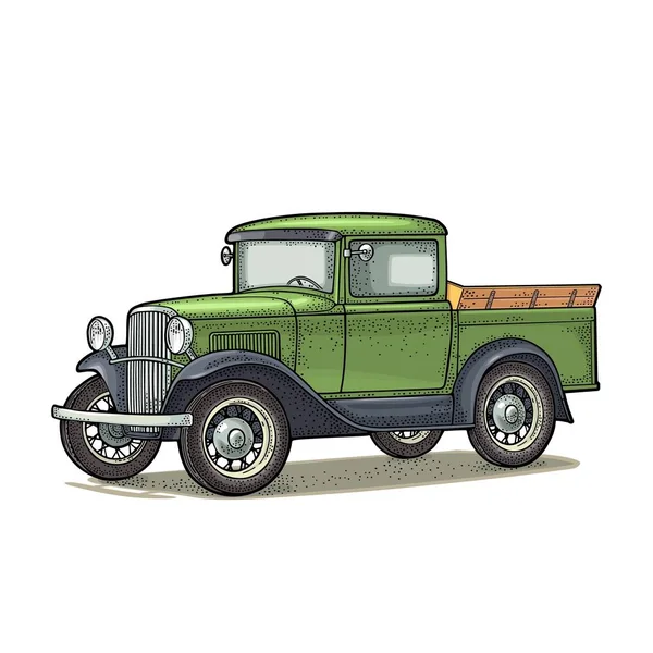 Retro Pickup Truck Side View Vintage Color Engraving Illustration Poster — Stock Vector