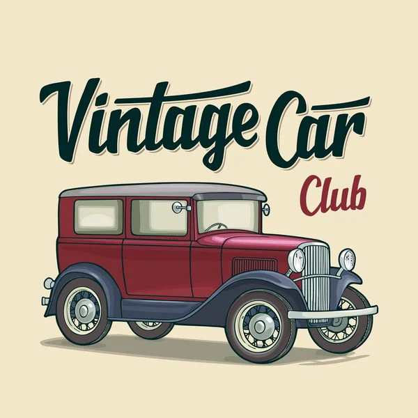 Retro sedan. Zijaanzicht. Classic Car Club belettering. Vlakke afbeelding — Stockvector