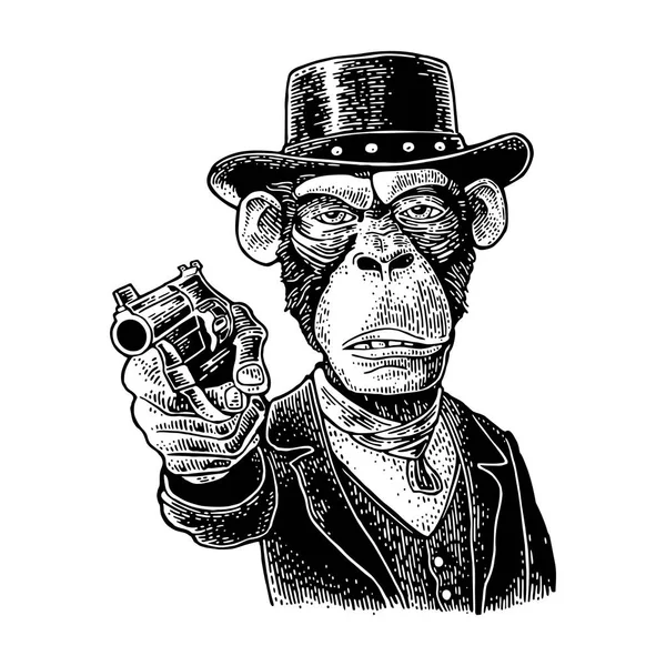 Mono caballero sosteniendo revólver y sombrero vestido, traje, chaleco. Grabado — Vector de stock