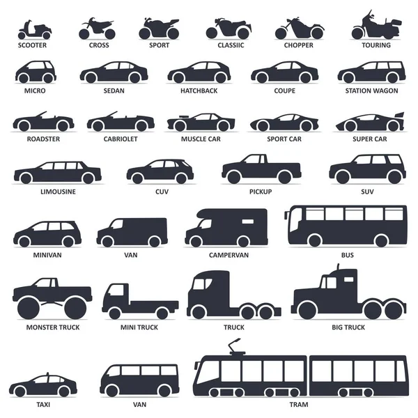 摩托车和公共交通类型图标设置 在白色背景查出的向量黑色例证与阴影 模型汽车和 Moto 身体剪影的变化为网与名字 — 图库矢量图片