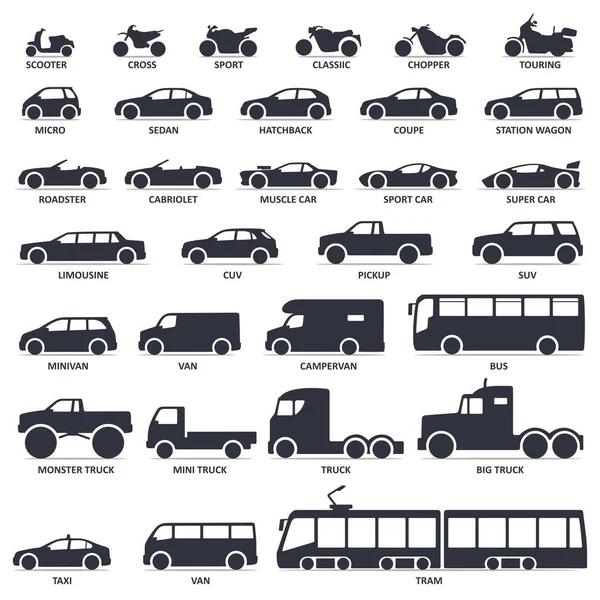 Conjunto Iconos Tipo Coche Motocicleta Transporte Público Ilustración Vectorial Negro — Vector de stock