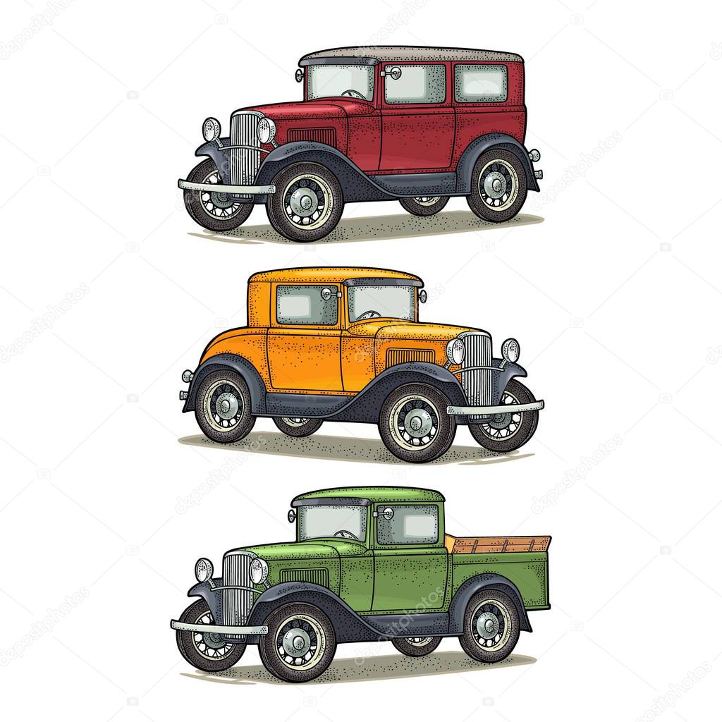 Retro car sedan, coupe and pickup truck. Side view. Vintage color engraving illustration for poster, web. Isolated on white background. Hand drawn design element