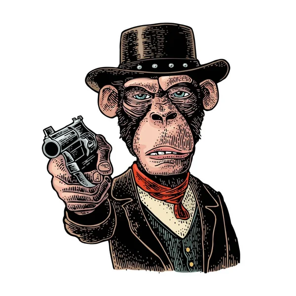 拳銃を押し スーツ チョッキを着た紳士の猿 ヴィンテージ色の彫刻のイラスト シャツとポスターは 白い背景で隔離の手描きデザイン要素 — ストックベクタ